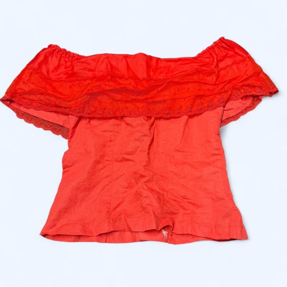 red yoshiko button-back top with lace ruffle detailing